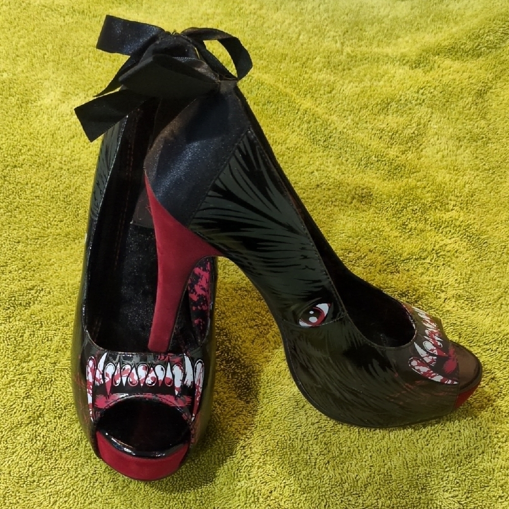 Iron Fist Black and Red Vampire Peep Toe Heels - Picture 2 of 8